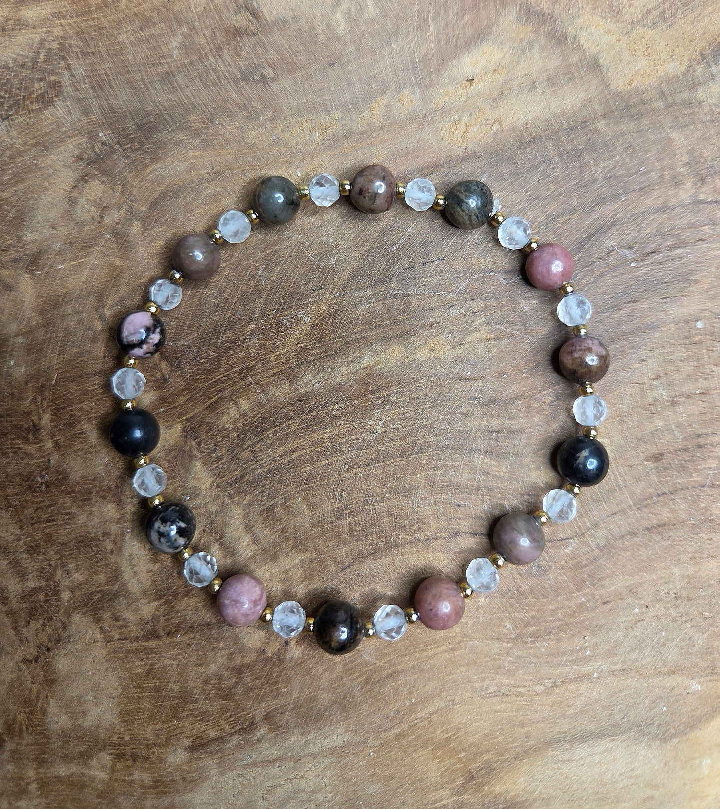 NOUVEAU - Bracelet en rhodonite et cristal de roche [PIÈCE UNIQUE]
