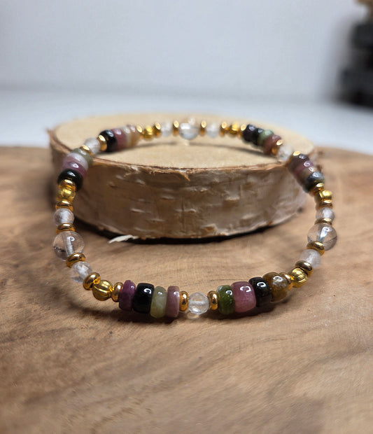 NOUVEAU - Bracelet en tourmaline multicolore et cristal de roche [PIÈCE UNIQUE]