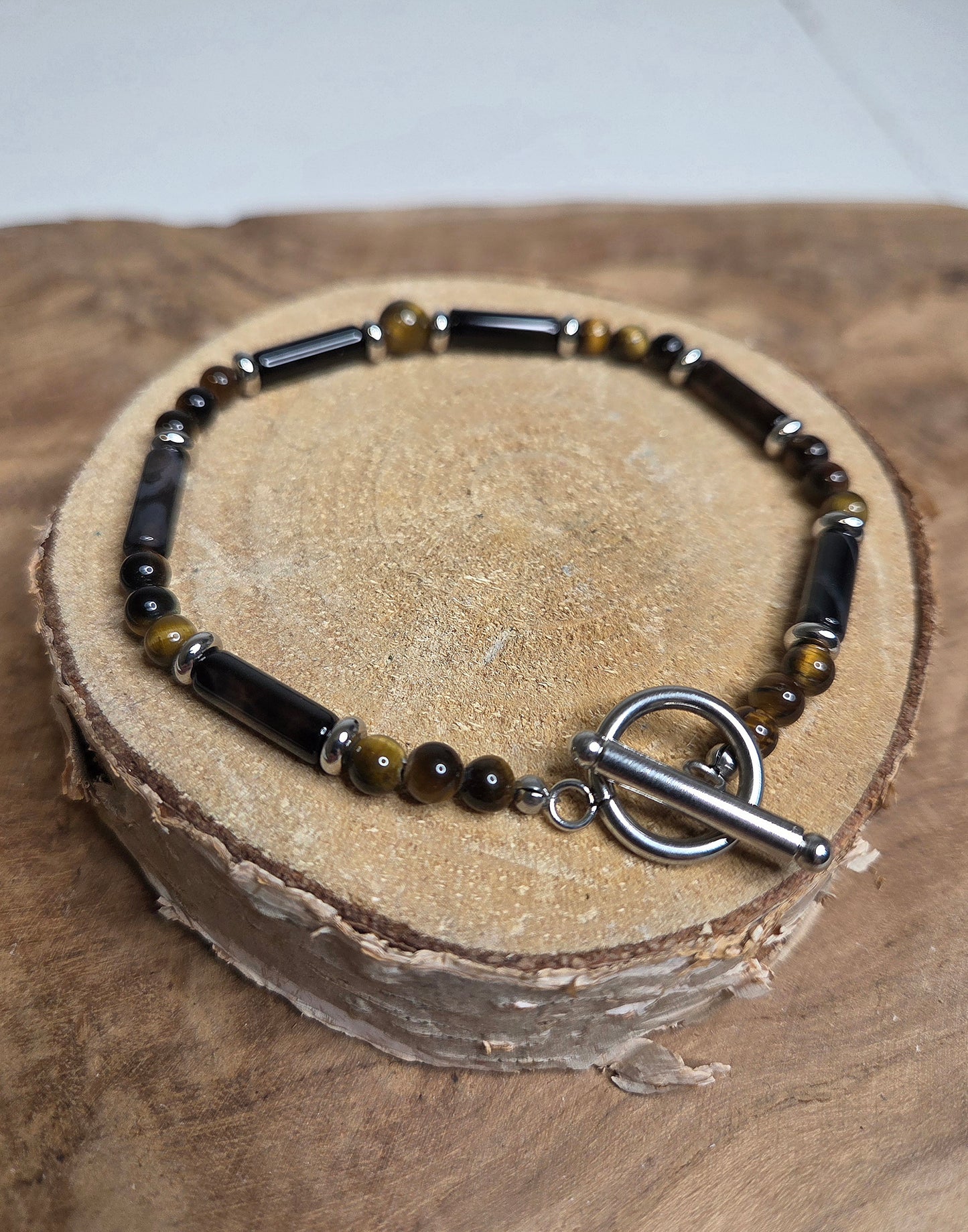 NOUVEAU - Bracelet "Force mentale" - Œil de tigre et onyx noir