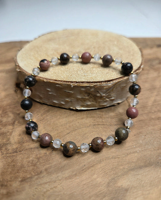 NOUVEAU - Bracelet en rhodonite et cristal de roche [PIÈCE UNIQUE]