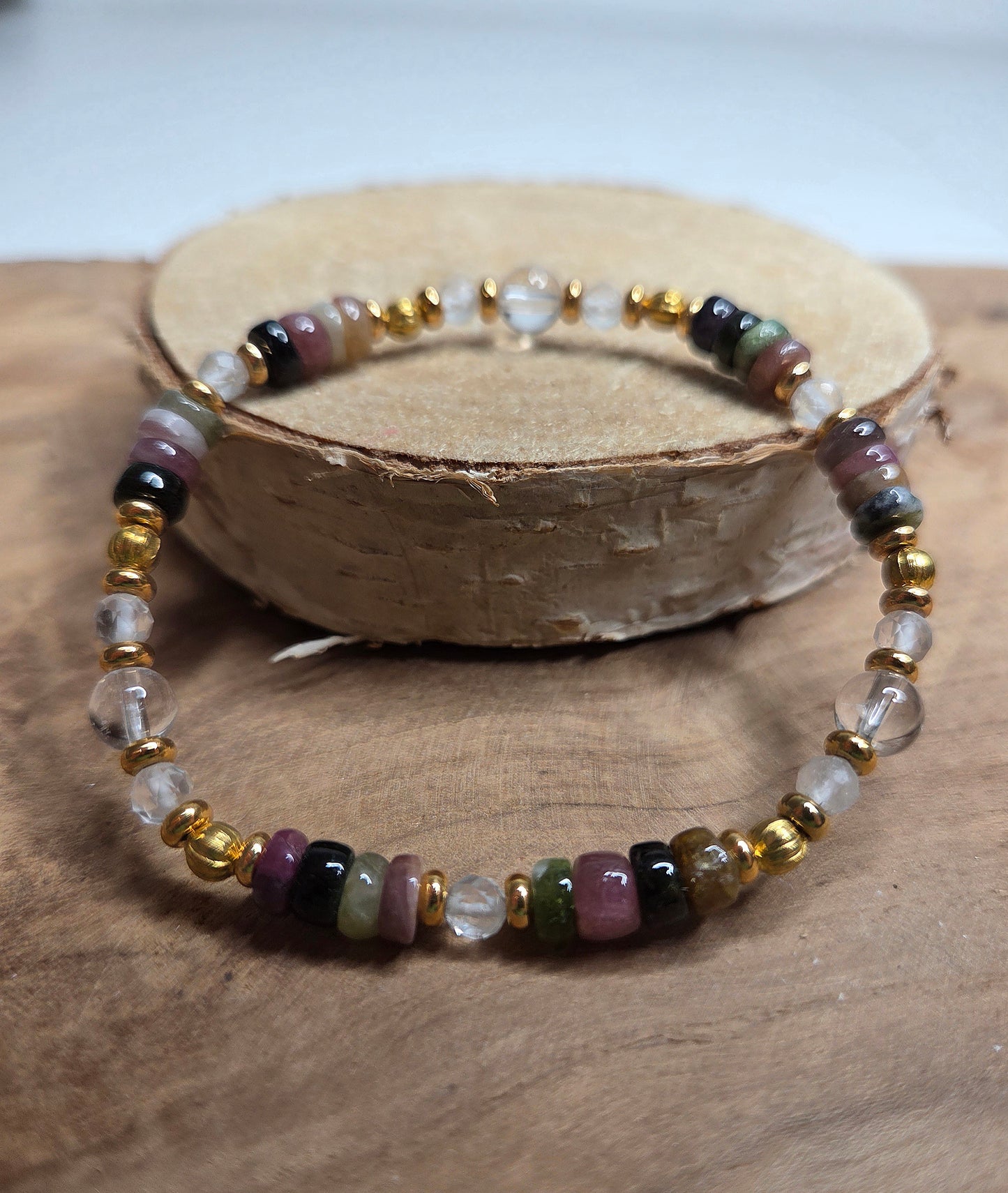 NOUVEAU - Bracelet en tourmaline multicolore et cristal de roche [PIÈCE UNIQUE]